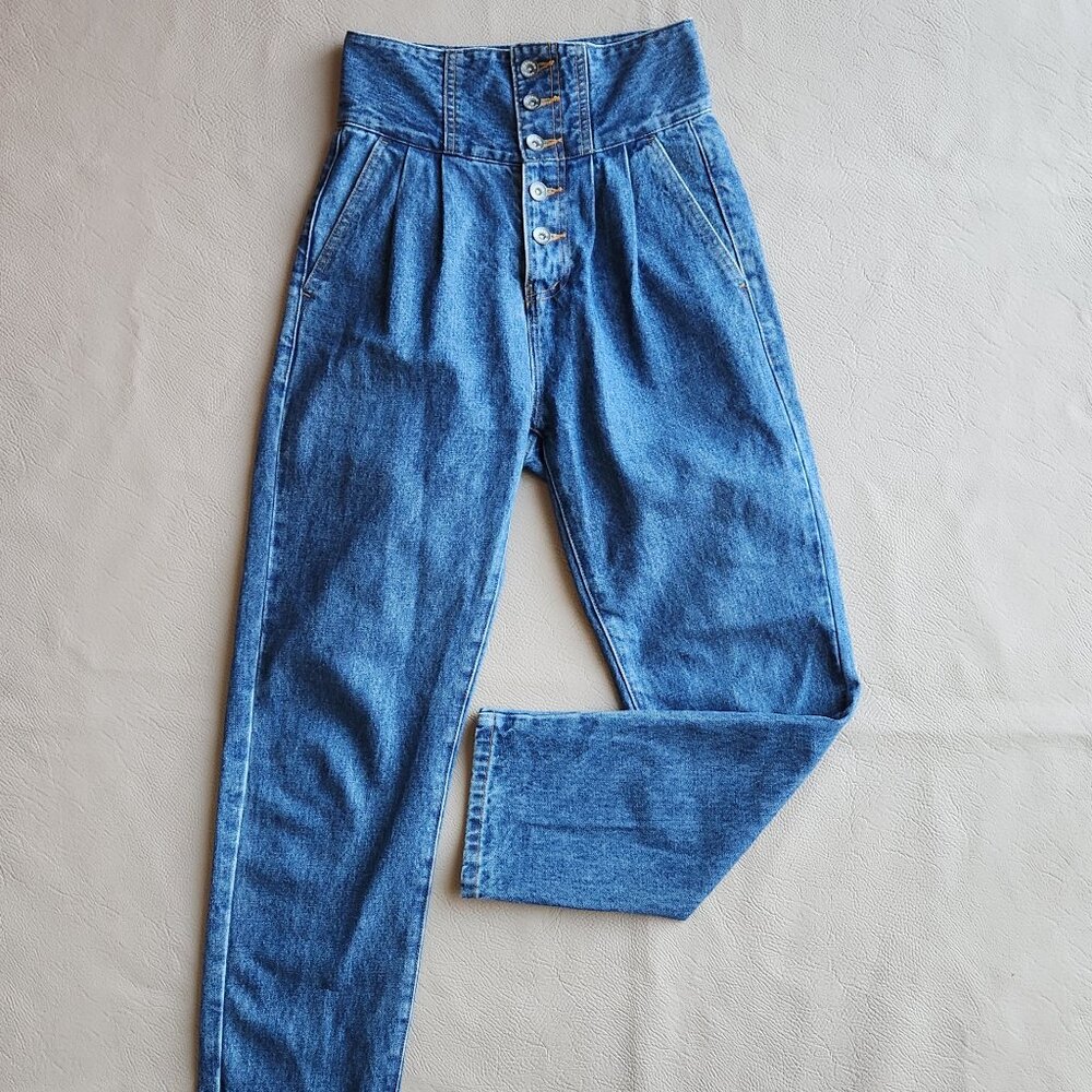 Genesis JEANASIS High Rise Pleated Button-Fly Tapered Jeans Daddy Fit Blue